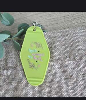 Handmade motel style keychains here comes the sun green happy good vibes